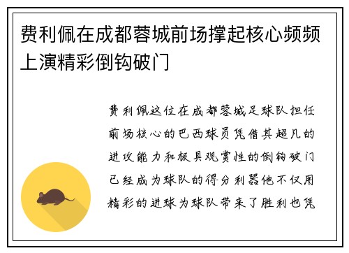 费利佩在成都蓉城前场撑起核心频频上演精彩倒钩破门